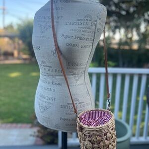 Anthropologie Woven Basket Mini Bag NWOT Rattan, Cotton lining Red/White cross